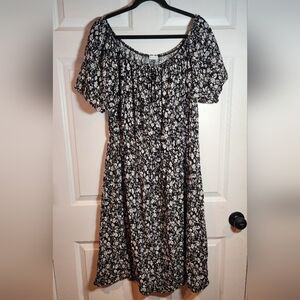 Lac Bleu Black And White Floral Short Sleeve Cinched Waist Midi Dress 3X